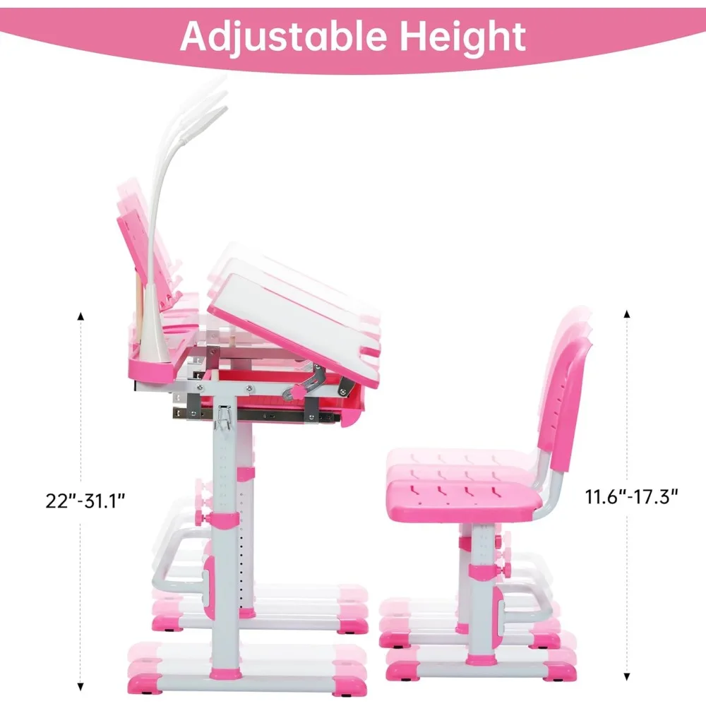 Conjunto de mesa e cadeira infantil com altura ajustável, estação de trabalho escolar infantil com mesa inclinada