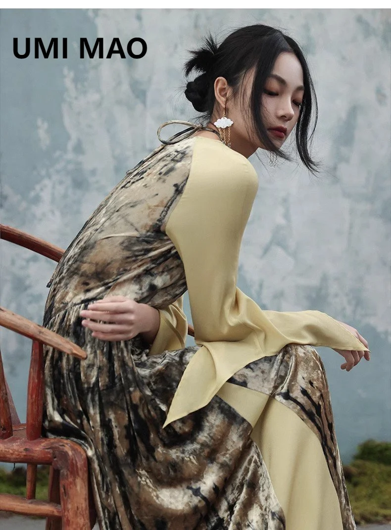 

UMI MAO Velvet Spliced Dress Elegant Y2K Spring New Chinese Style Long Sleeved Adjustable Lace Long Dress For Women Femme