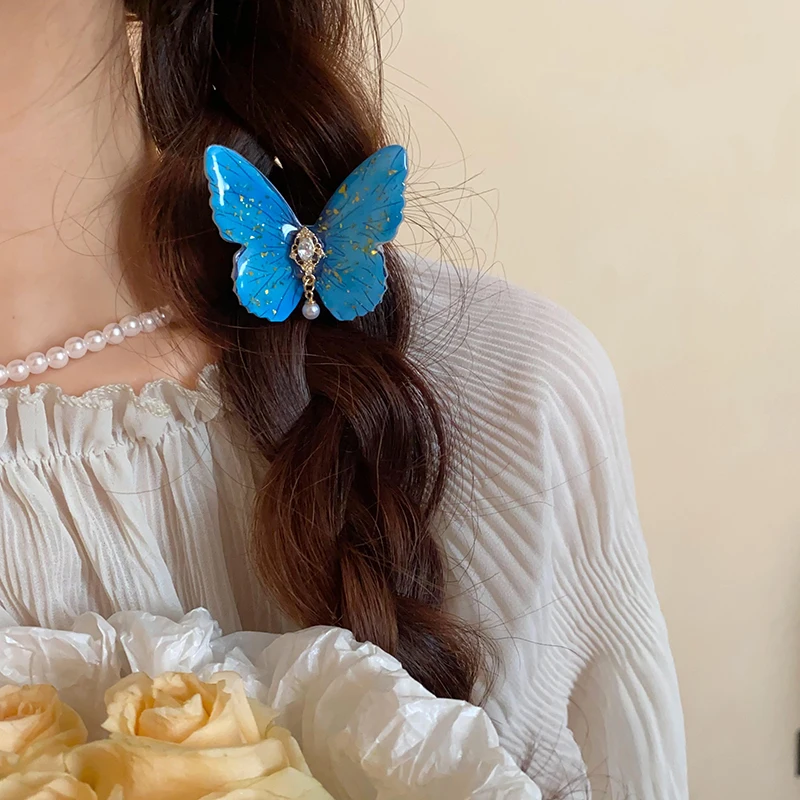 1/2 Pcs Blue Series Butterfly Rhinestones Duckbill Hair Clips for Women Fairycore Pastoral Style Sweet Fashion Accessories Set