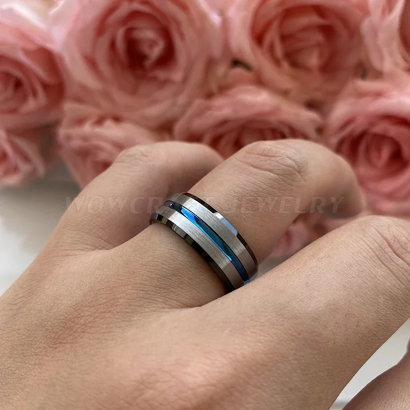 Tungsten Carbide Rings Finger Promise Engagement Fashion Wedding Band Blue Black Comfort Fit