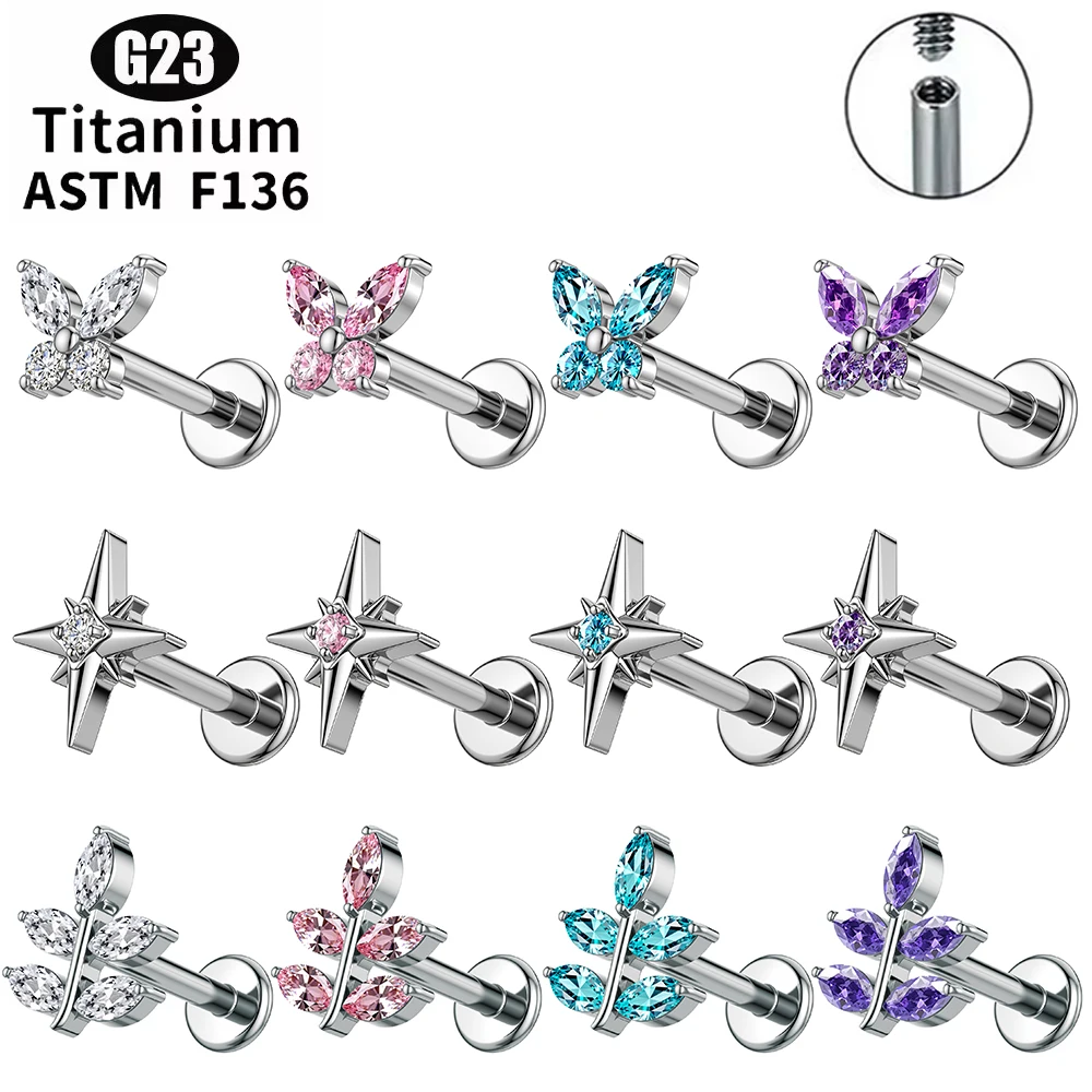 

1Pc G23 Titanium 16G Zircon Ear Stud Internal Thread Labret Stud Helix Cartilage Tragus Conch Flatback Earlobe Piercing Jewelry