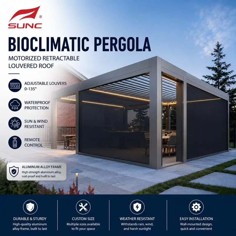 Outdoor Bioclimatic Pergola Motorized Retractable Louvered Roof Sun Wind Resistant Rust Proof Aluminum Alloy Frame