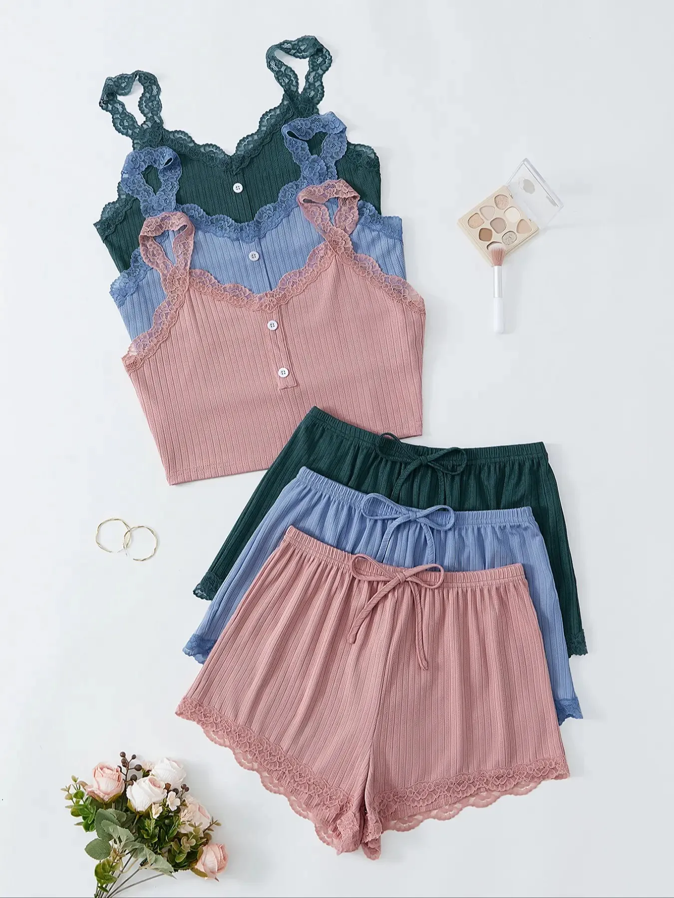 Multiple Colors Ladies Elegant Threaded Sexy Off Shoulder Sling Pajamas Top & Casual Shorts Homewear Two-Piece Set