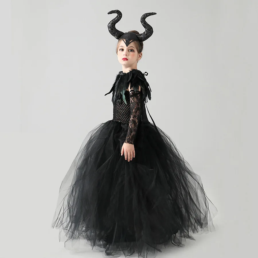 Schwarzes böses Hexen-Maleficent-Kostüm für kleine Kinder mit komplettem Zubehör, Hörnern, Flügeln und Zauberstab für Trick-or-Treat, Schule und Bühnenkostüme. – Detail 11