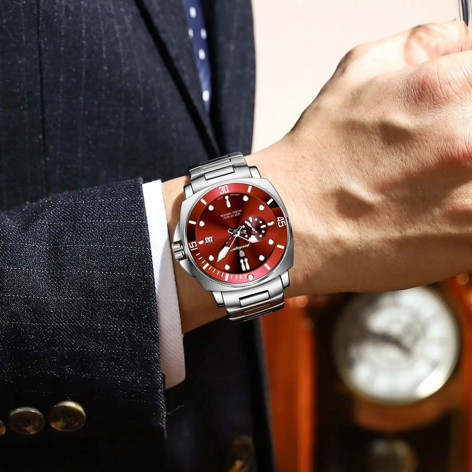 POEDAGAR 高級トレンドメンズ腕時計 防水 夜光 日付 ステンレススチール 男性用腕時計 クォーツ ビジネス スポーツ メンズ腕時計 レロッホ