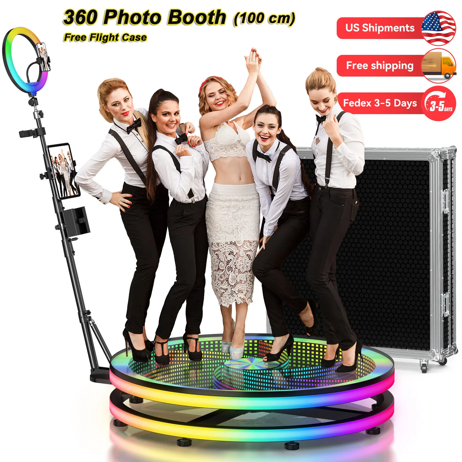 

360 Photo Booth 100cm for 1-5 people with RGB Ring Light 360 Video Photobooth 360 Rotating Selfie Machine for Party Christmas