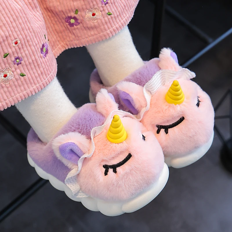 New Winter Kids Plush Slippers Cartoon Unicorn Children\'s Indoor Slides Non-Slip Soft Mule Girls Boys Warm House Cotton Shoes