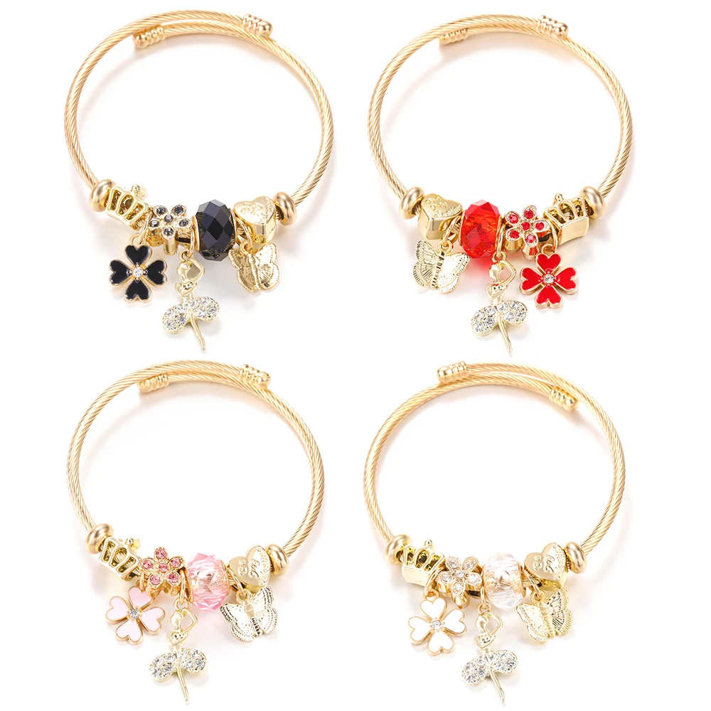 Trendy Goldene Edelstahl Ballett Mädchen Herz Form Schmetterling Anhänger 4 Farben Perlen Armband Verschluss Armreifen Frauen Schmuck