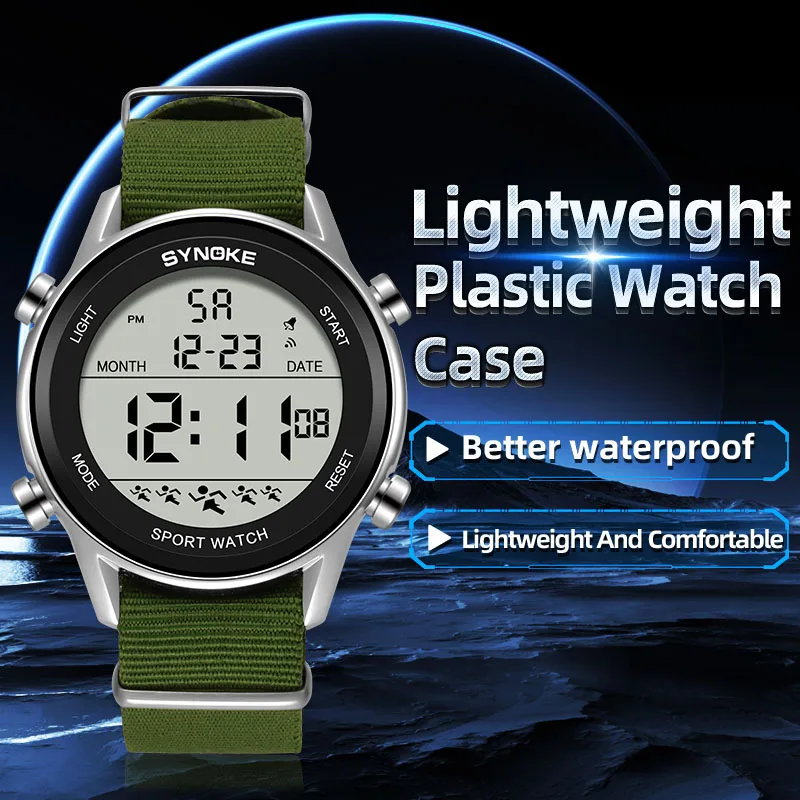 ساعة Synoke للرجال رياضية خارجية متعددة الوظائف مقاومة للماء وشاشة كبيرة ومضيئة LED رقمية للرجال بحزام من النايلون