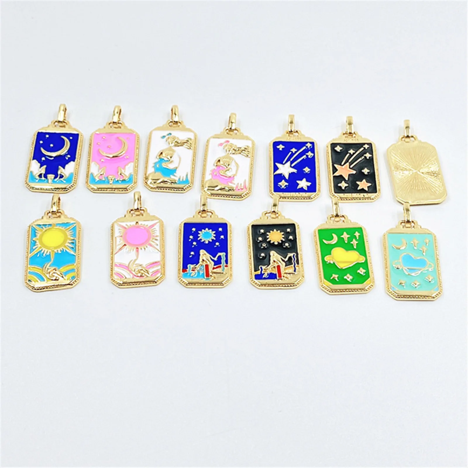 Copper Tarot Pendants Gold Color Multicolor Enamel Charms For DIY Making Necklace Handmade Jewelry 3.1cm x 1.4cm, 1 Piece