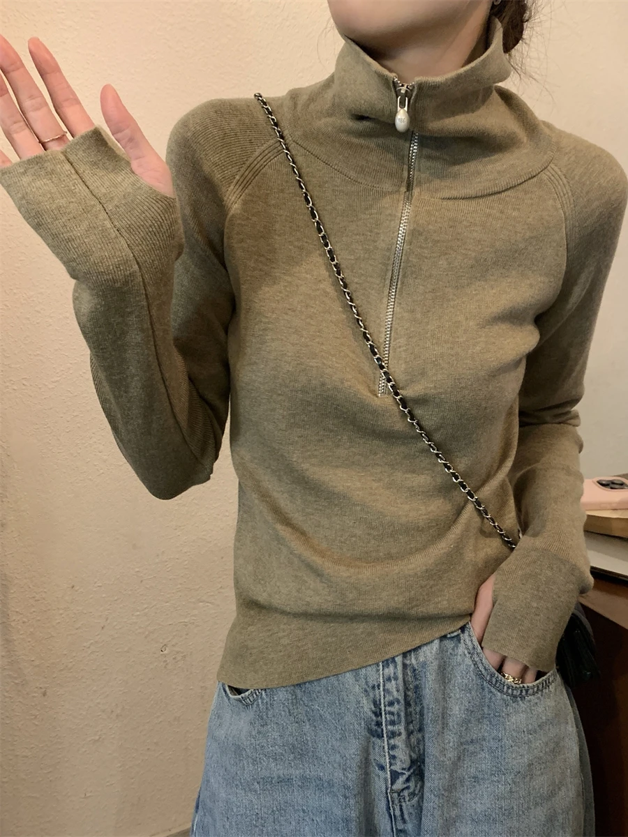 

Slim Fit Korean Sle Knitted Sweater Women's Inner Wear f Zipper Stand Collar Faionable Ele Base Layer Winter Top