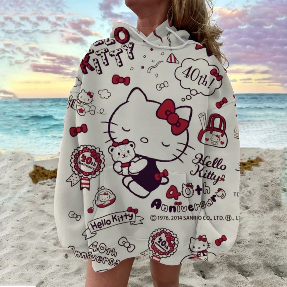 

Girls Cute Streetwear Outfit Hello Kitty Hoodie Kids Autumn Winter Cartoon Graphic Coat With Hat Adults Sanrio Hooded Clothing