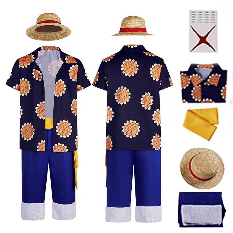 

Anime Luffy Cosplay Costumes Male Sunflower Shirt Straw Hat Role Play Uniform Halloween Party Dressing For Women