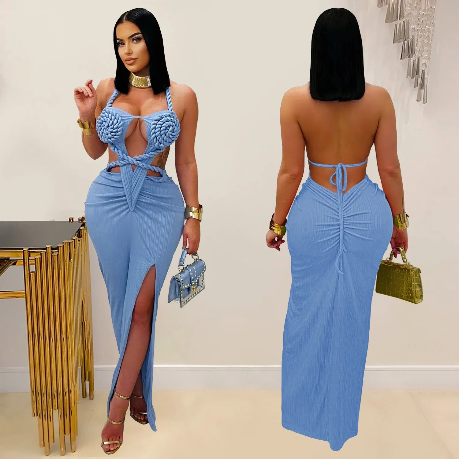 Robe longue d'été pour femme, col licou, froncée, sans manches, dos ouvert, fente haute, buste tressé