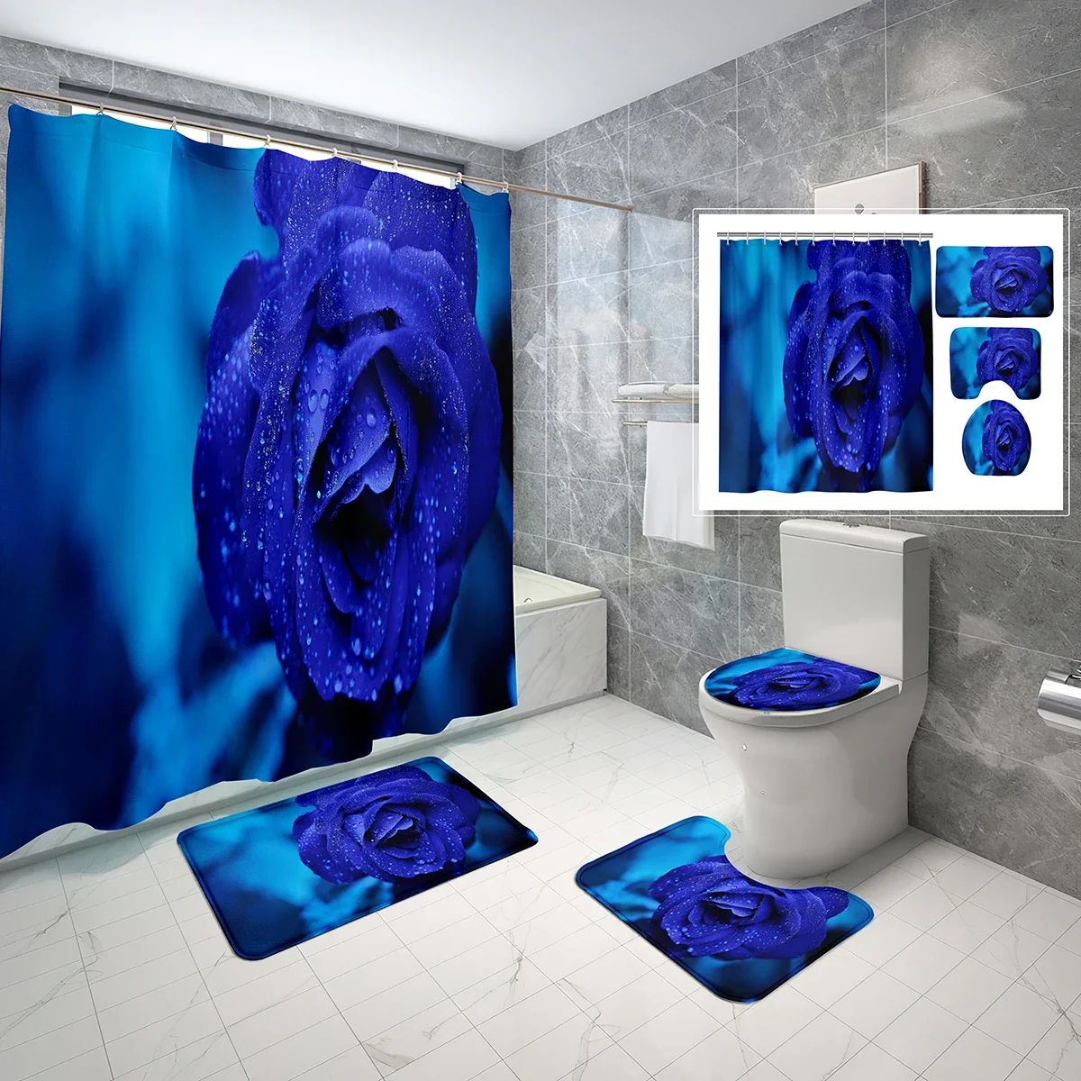 

Rose Shower Curtain Sets 4 Pcs with Non-Slip Rugs Mat Toilet Lid Elegant Romantic Flower Waterproof Shower Curtain Set