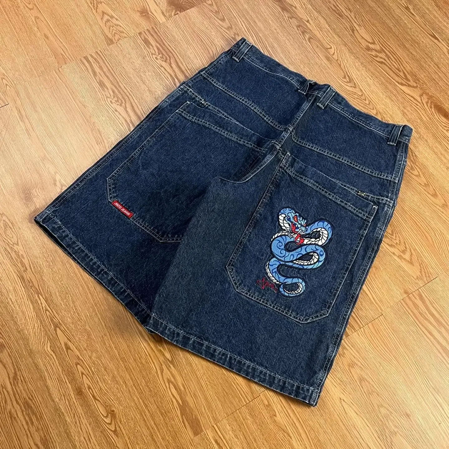 JNCO-Pantalon en denim à jambes larges pour hommes, Streetwear vintage, Broderie graphique de salle, Baggy Gym Shorts, Skateboard Jeans Shorts, Nouveau, 2024