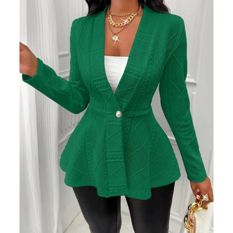 Fashion Elegant Deep V Neck Cardigan Women Suit Jacket Long Sleeve Autumn Office Lady Shirt Jacquard Casual Blazer Slim Fit Coat