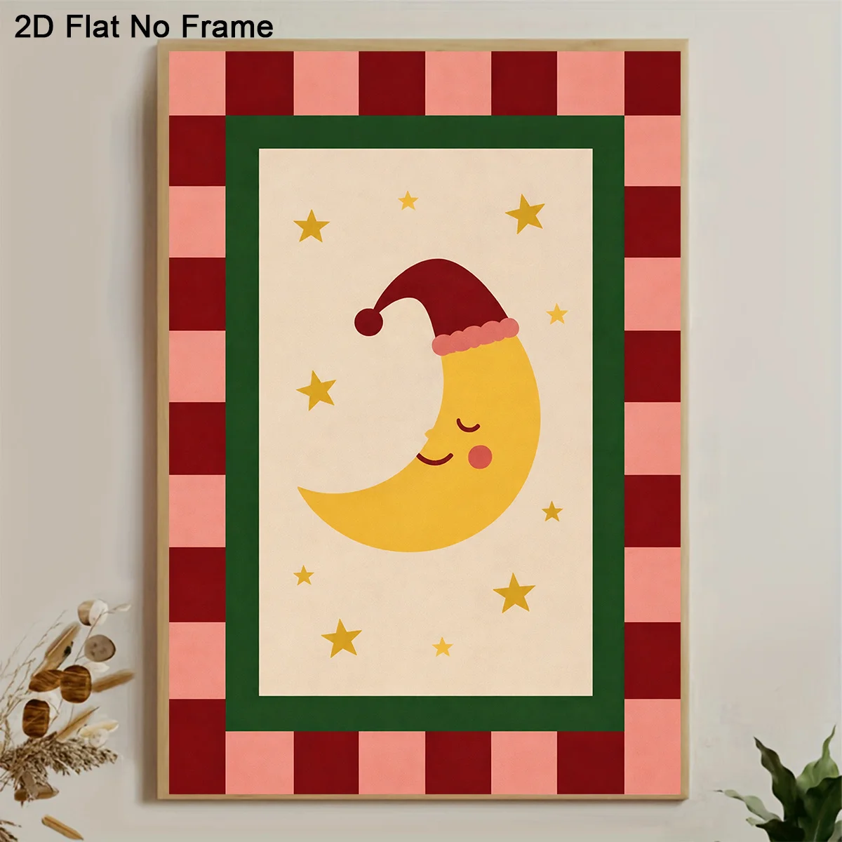 2D Flat, 2D Flat 1pc Frameless Canvas Poster Cute Yellow Crescent Moon with Red Hat and Smiling Face Surrounded by Stars on B