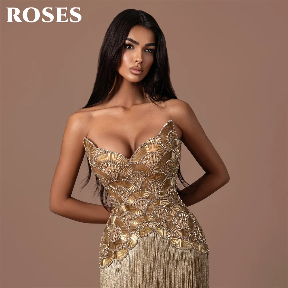 ROSES Golden Party Dresses Strapless Sleeveless Evening Dresses Glitter Sequin Straight فساتين السهرة Tassel Customized view 5