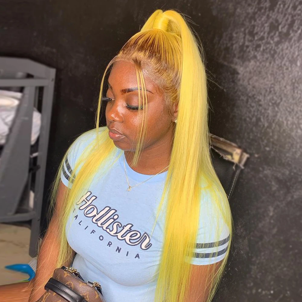 

Yellow Straight Human Hair Wig 13X6 Transparent Lace Front Wig With Brown Roots Pre-Plucking 13X4 Lace Frontal Wigs For Women