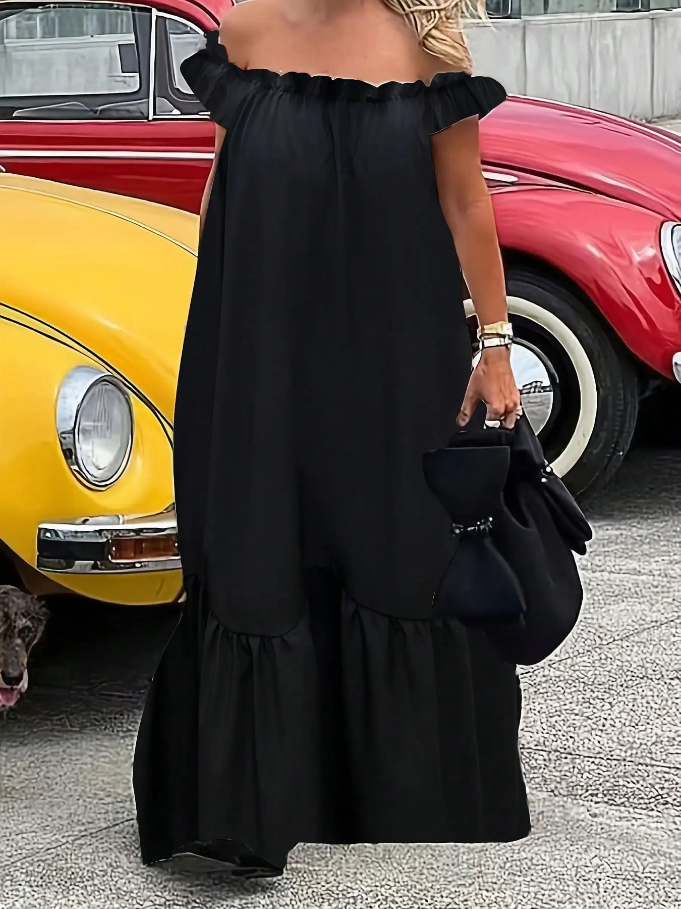 

Черное макси-платье с открытыми плечами и оборками по низу, свободного кроя, из тканого материала, для повседневной носки