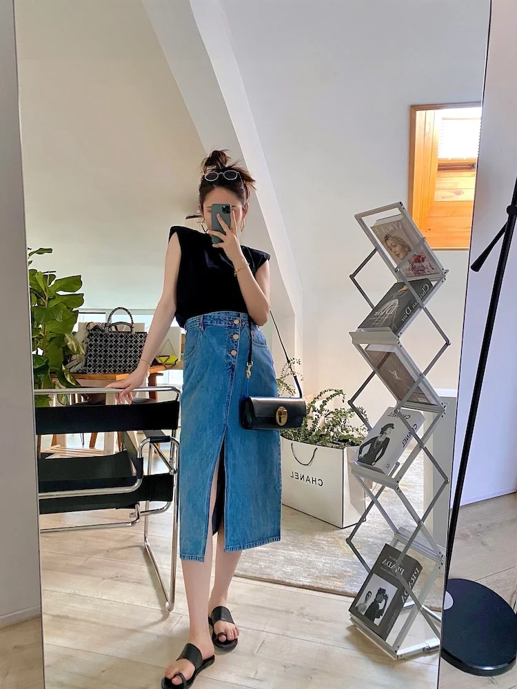 

Джинсовая юбка миди Moizj с завышенной талией, А-силуэт, длиной до колена, с качественной текстурой, асимметричным дизайном, для повседневной носки, 100% хлопок