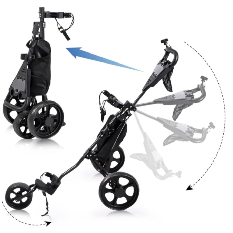 3 Wheels Folding Golf Push cart with Foot Brake & Phone Holder & Waterproof Cooler Bag, Portable Lightweight