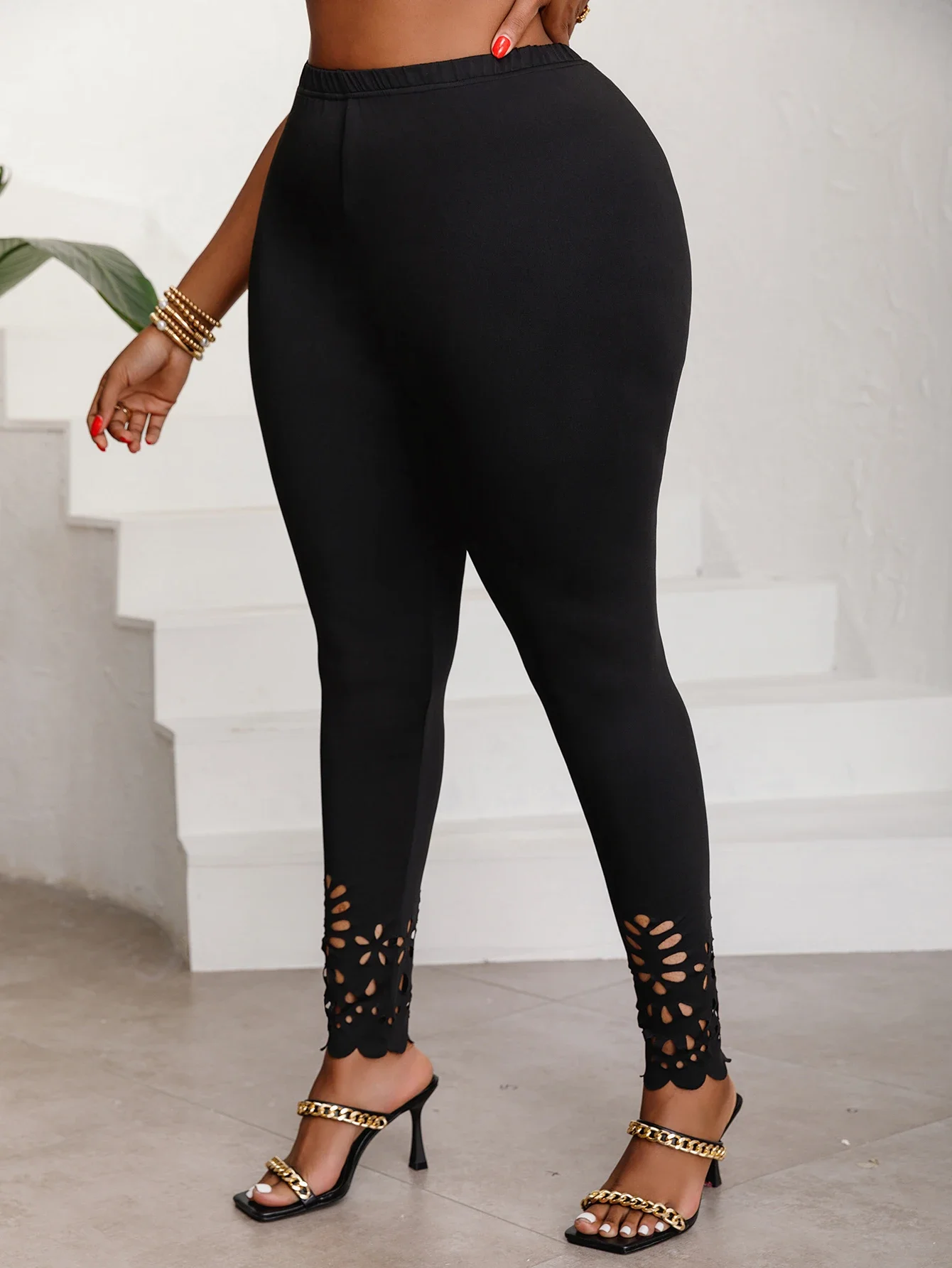 Fashion Plus Size Leggings for Women with Lattice Cutouts Mid-Waisted Stretchy Solid Color Knit Pants for Casual Outings