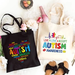 Woman Canvas Tote Bags Live Love Accept Autism Awareness Large Capacity Handbag Fashion Daily Reusable Shoulder Shopping Bag