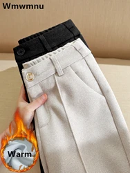 Pantaloni in misto lana a vita alta donna inverno addensare peluche foderato Harem Pantalones ufficio Casual caldo alla caviglia lana Spodnie