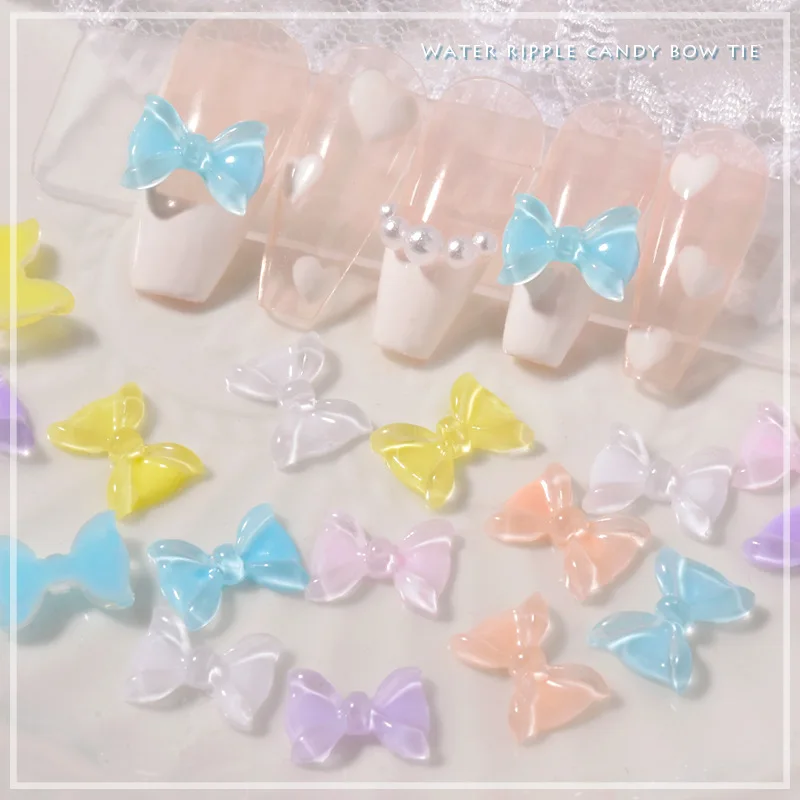 50Pcs 나비 매듭 아이스 클리어 네일 라인 석 젤리 모카 베어 스 트리머 네일 장식 3D 여름 카와이 매력 네일 부품 리본