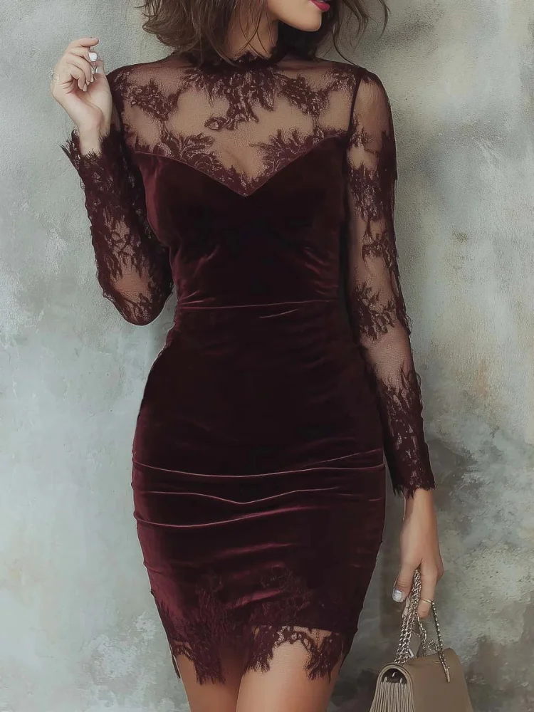 

Sexy Lace Patchwork Velvet Mini Dress Women Chic Long-sleeved See Through Pleated Slim Dresses 2026 Lady Evening Party Vestidos