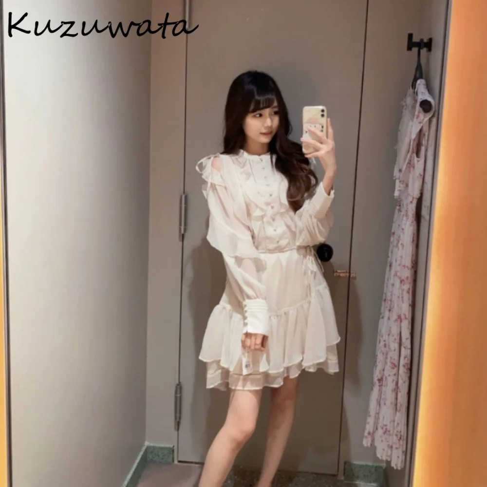 Kuzuwata Primavera Nuovo Dolce O Collo Abito con Spalle Scoperte Lace Up Stampa Abiti in Chiffon Giappone Moda Ruffles Coulisse Patchwork Robe