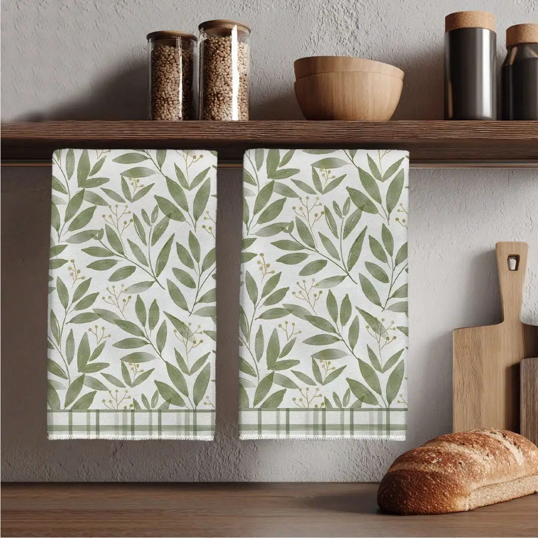 [] Cleaning cloth 2PCS kitchen towel, printed with green leaf pattern and plaid border