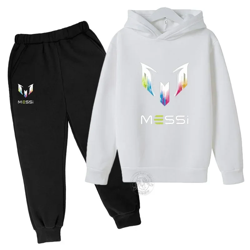 Messi Letter bedrukte kinderkleding herfst- en wintertrui met capuchon, lange broek, tweedelig casual sportpak voor jongens en meisjes