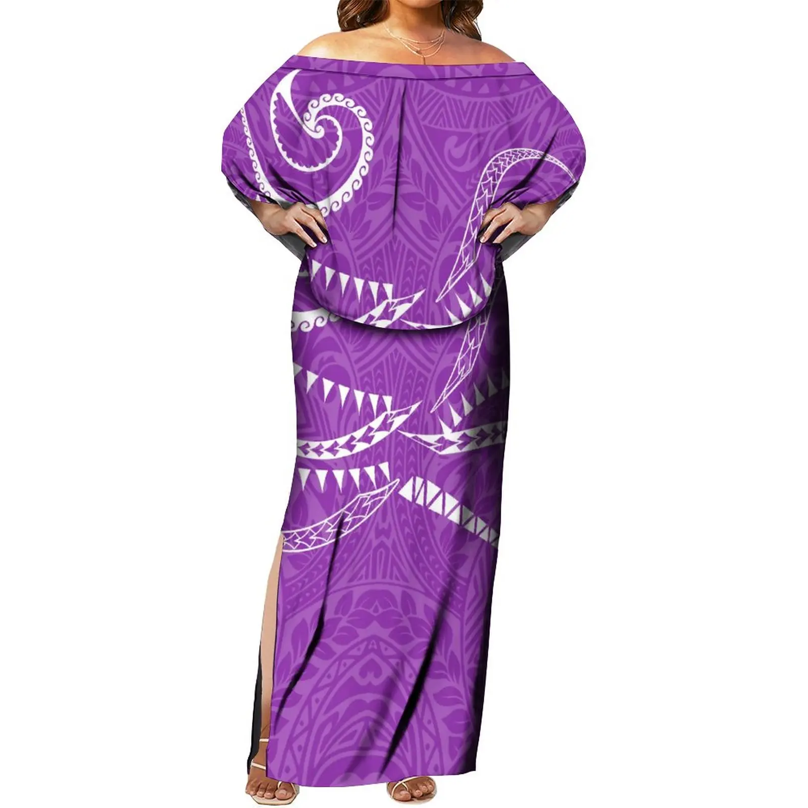 Mulheres Tribal Design plissado Off-a-ombro Capa Vestido, fenda em camadas, 6XL