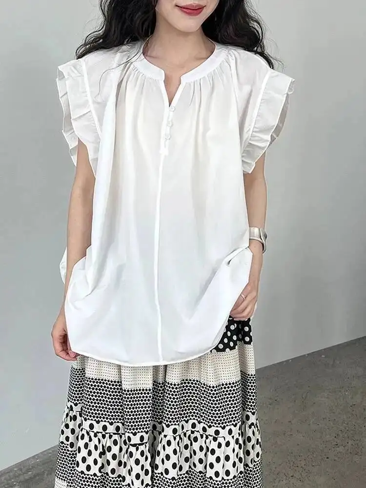 

Women Green Purple Ruffles Big Size Elegant Blouse New V-Neck Sleeveless Shirt Fashion Tide Spring Summer