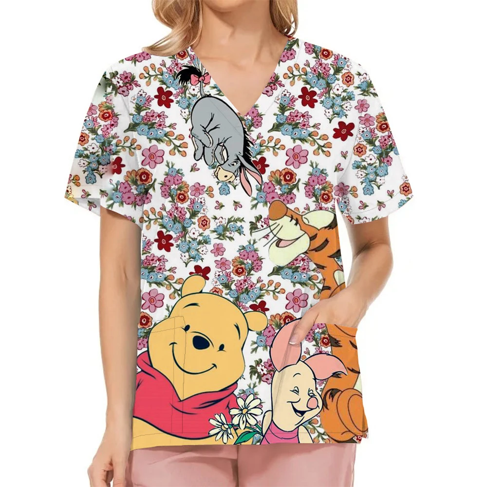 Scrubs Medical Uniforms Disney Winnie the Pooh Scrub Top Loose Cotton Unisex Pet Hospital Health Centre Work Clothes Lab Coat