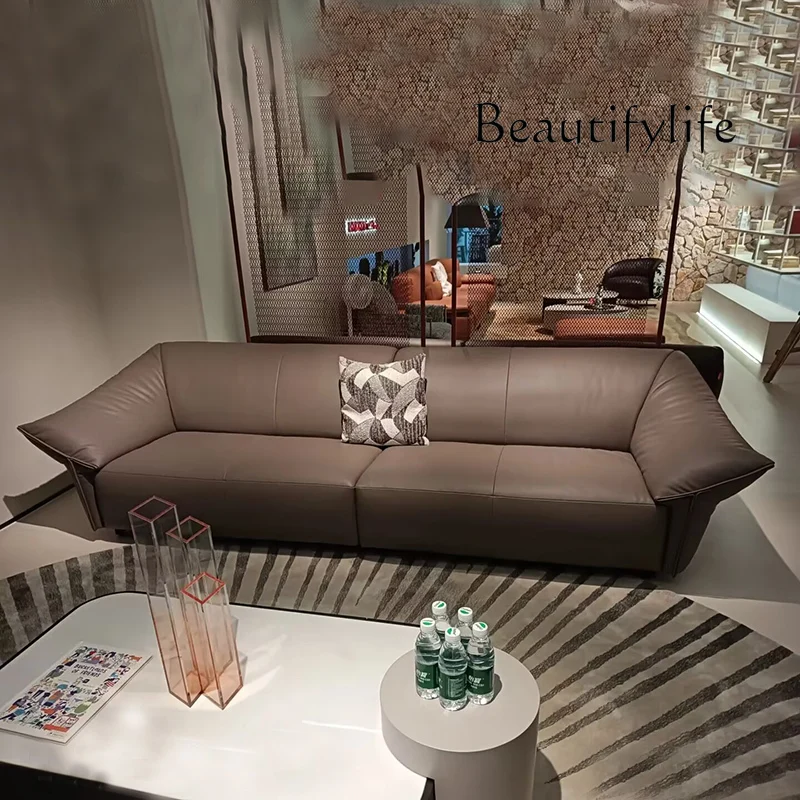 

Italian minimalist leather sofa living room home modern simple light luxury straight three-person sofa