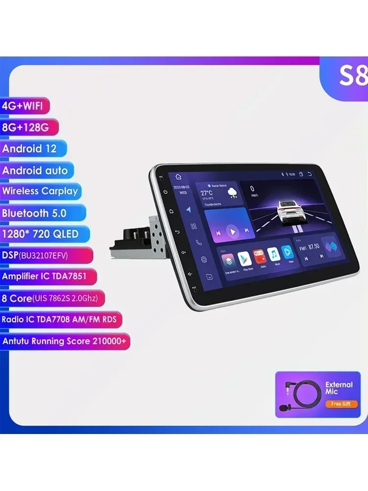 AI CarPlay Android 12 samochodowy odtwarzacz multimedialny Radio Stereo wideo nawigacja GPS do uniwersalnego obracalnego ekranu 360 stopni RDS 1DIN USB — 2