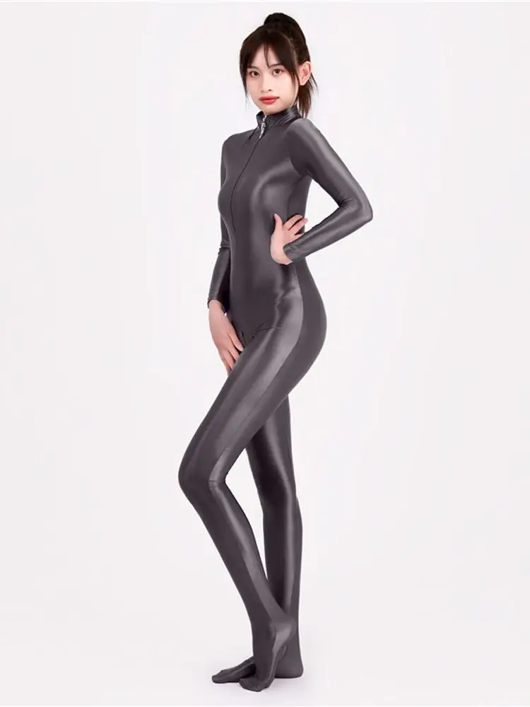 Glossy Long Sleeve Zipper Open Crotch Bodysuit Tights Sexy Bodystocking Jumpsuit Dance Yoga Unitard Leotard Conjoined Clubwear