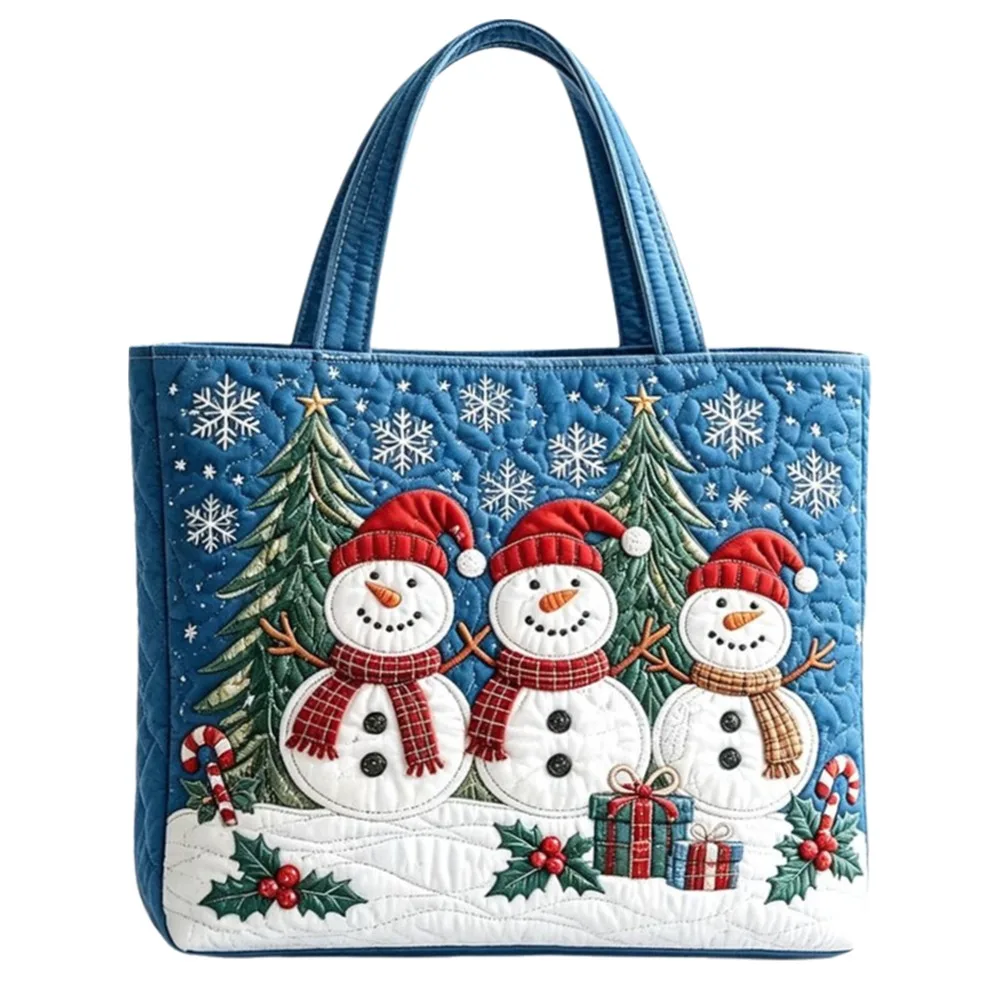 Quilted Design Christmas Handbag Padded Lightweight Quilted Tote Bag Snowman Print Family Print Shoulder Handbag Beach Use