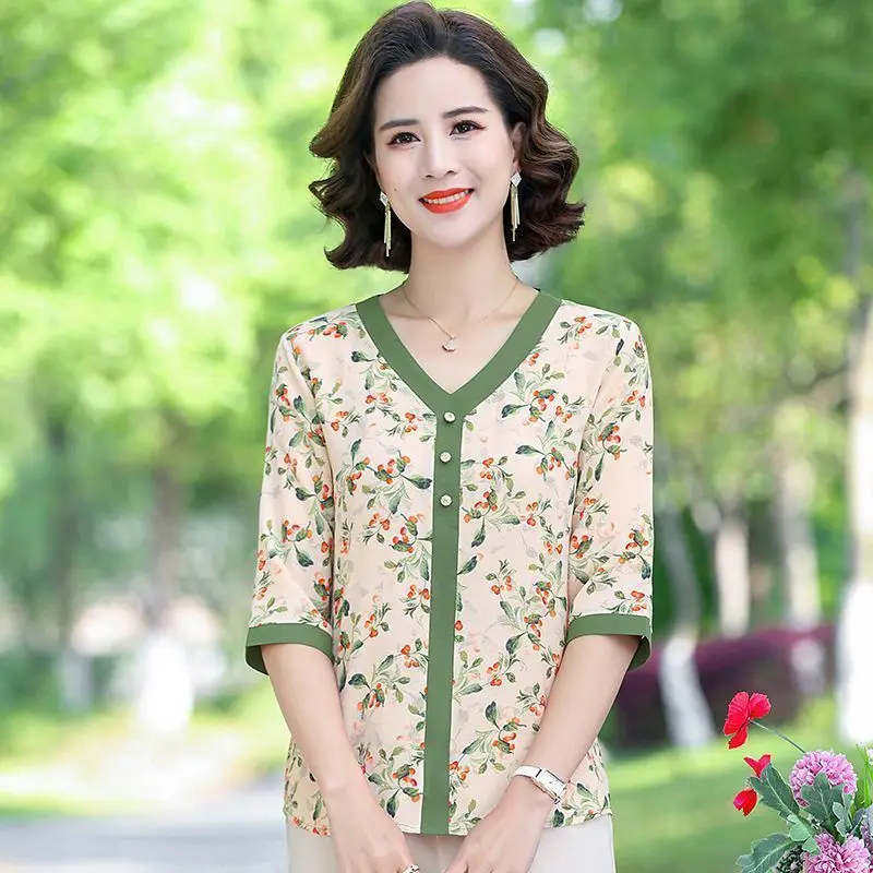 

Костюм для мамы, модная футболка, топ, высококачественная женская шифоновая рубашка с цветочным принтом для среднего и пожилого возраста, комплект из двух предметов