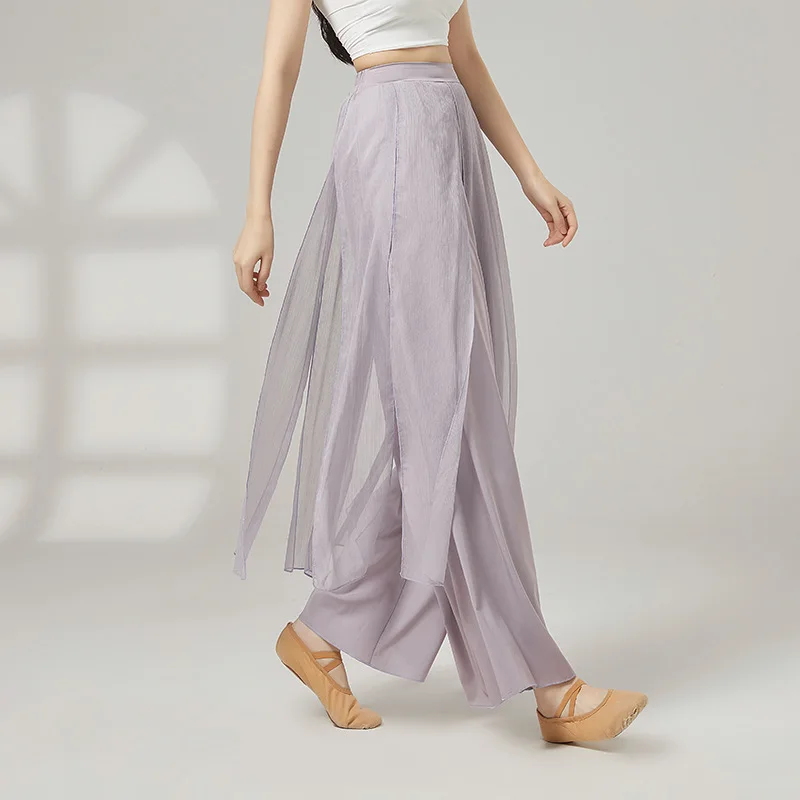 여성용 클래식 댄스 바지 우아한 성인용 더블 레이어 쉬폰 모던 댄스 바지 중국 민속 무용 바지 발레 의상