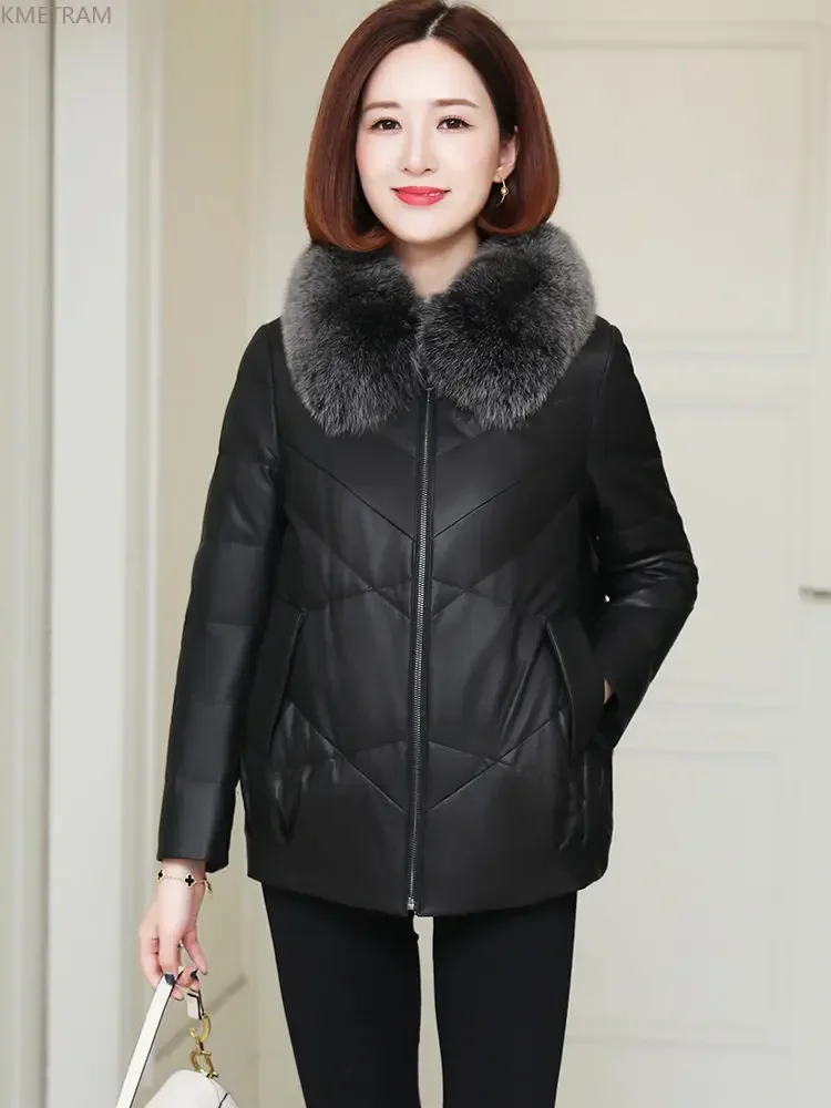 ของแท้หนังแจ็คเก็ตผู้หญิง 2024 ฤดูใบไม้ร่วงและฤดูหนาวหนังแกะจริงเกาหลีแฟชั่นลงแจ็คเก็ตFox Fur Collarลงเสื้อ
