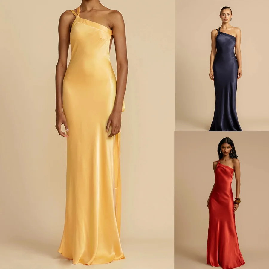 เดรสผ้าซาตินแฟชั่นลำลองสไตล์ INS ทรงเข้ารูป ไหล่เฉียง ดีไซน์ใหม่สำหรับงานปาร์ตี้ ฤดูใบไม้ผลิ/ฤดูร้อน 2024