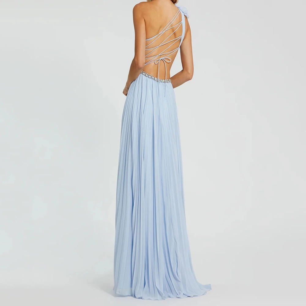 Op maat gemaakte A-lijn avondjurken Vloerlengte Mouwloze galajurk met één schouder Mode Kristallen plooi Bloemen Gedrapeerde feestjurk