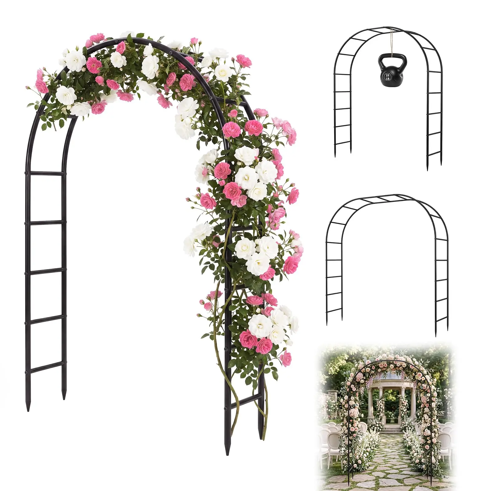 7.3FT Heavy Duty Garden Arch Arbor Trellis, 13mm Thick Steel Climbing Plant Support For Wedding Lawn Patio Party Flower Decor