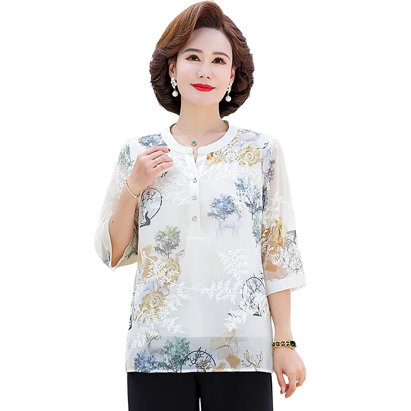 Elegant Fashion Printed embroidery Gauze  Blouse Shirt Summer Half sleeve V-Neck Loose Pullover Tops Women Clothing