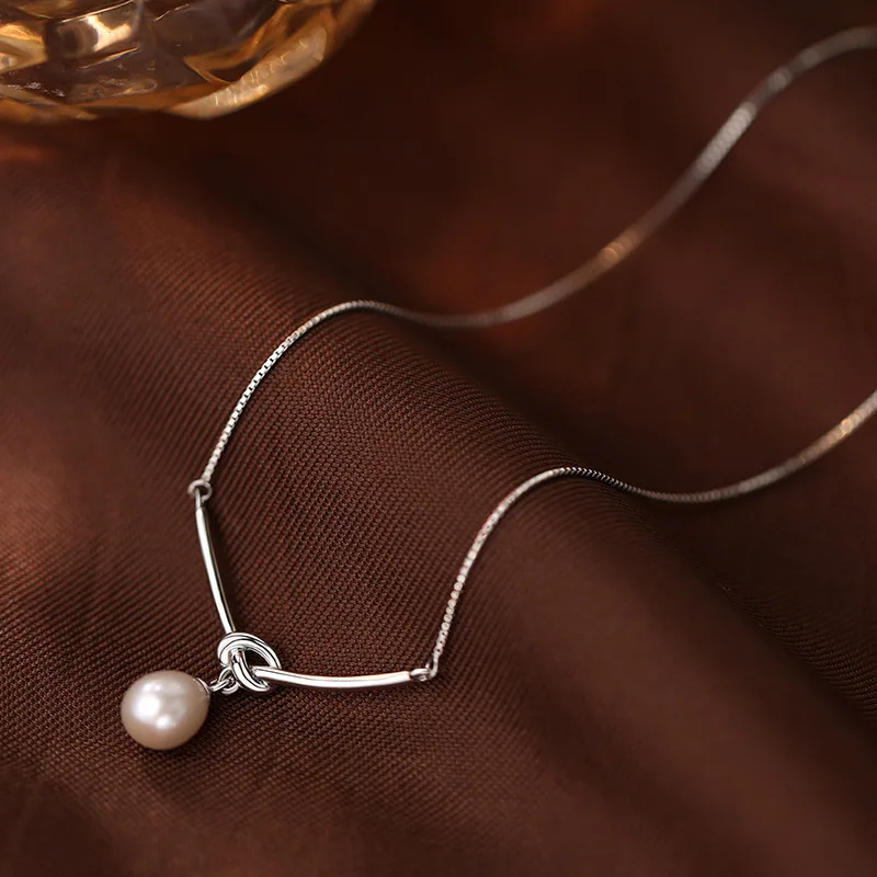 925 Sterling Silver Necklace Pearl Pendant Knot Geometric Line Elegant for Women Girl Jewelry Gift Dropshipping Wholesale